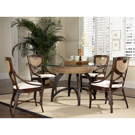 Dining Table Pedestal and Dining Chairs with Natural Sea Grass Accents